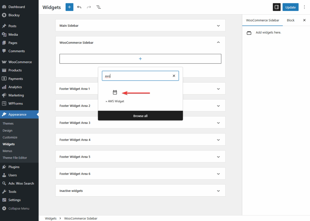 adding aws widget in advanced woo search plugin
