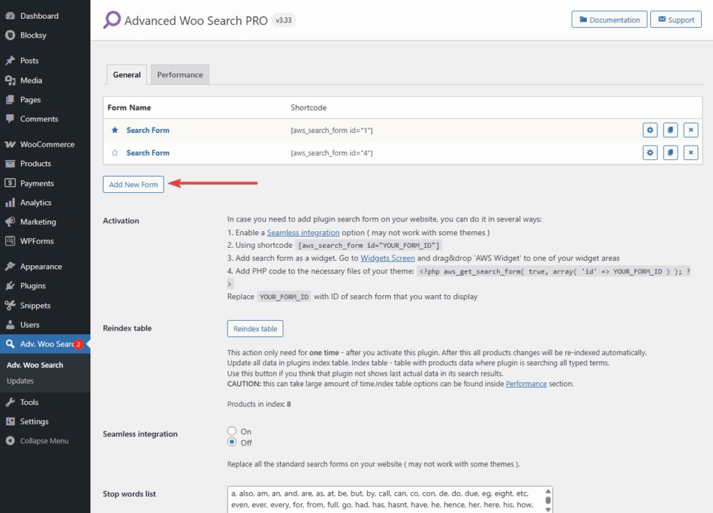 adding new forms in the advanced woo search pro plugin