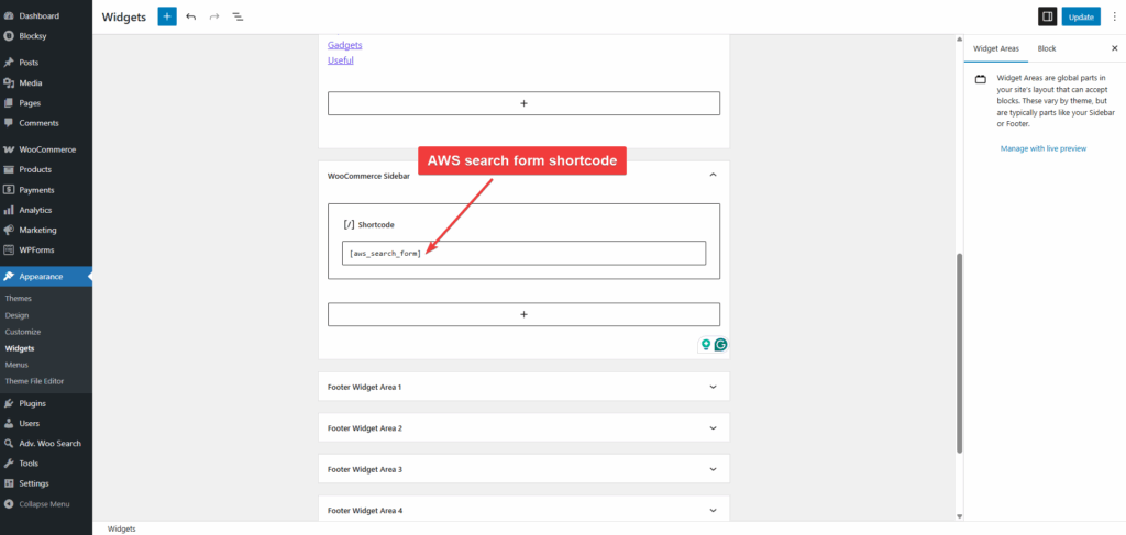 advanced woo search form short code on sidebar