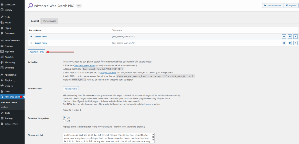 advanced woo search pro plugin add new form button