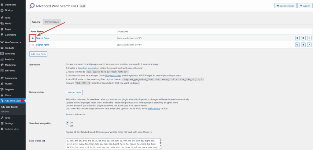 advanced woo search pro plugin main form marked with a star
