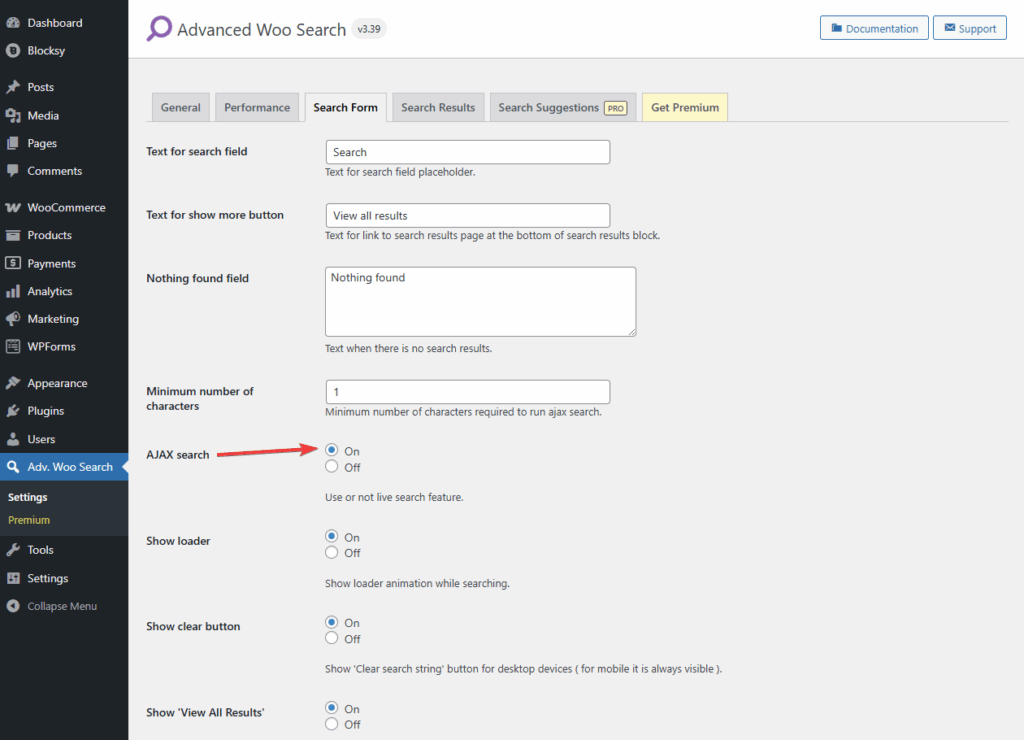 enabling ajax search in free advanced woo search - woocommerce search for category