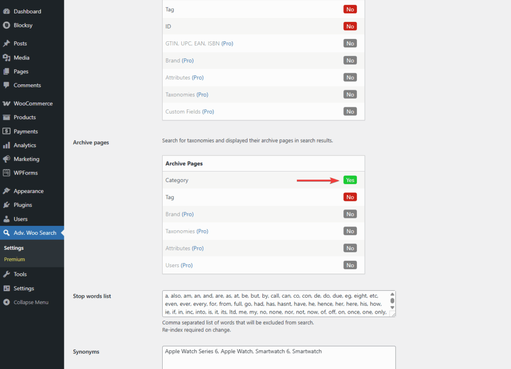 enabling category option in archive in free advanced woo search