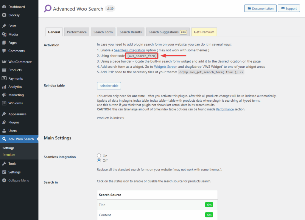 form shortcode in the free advanced woo search