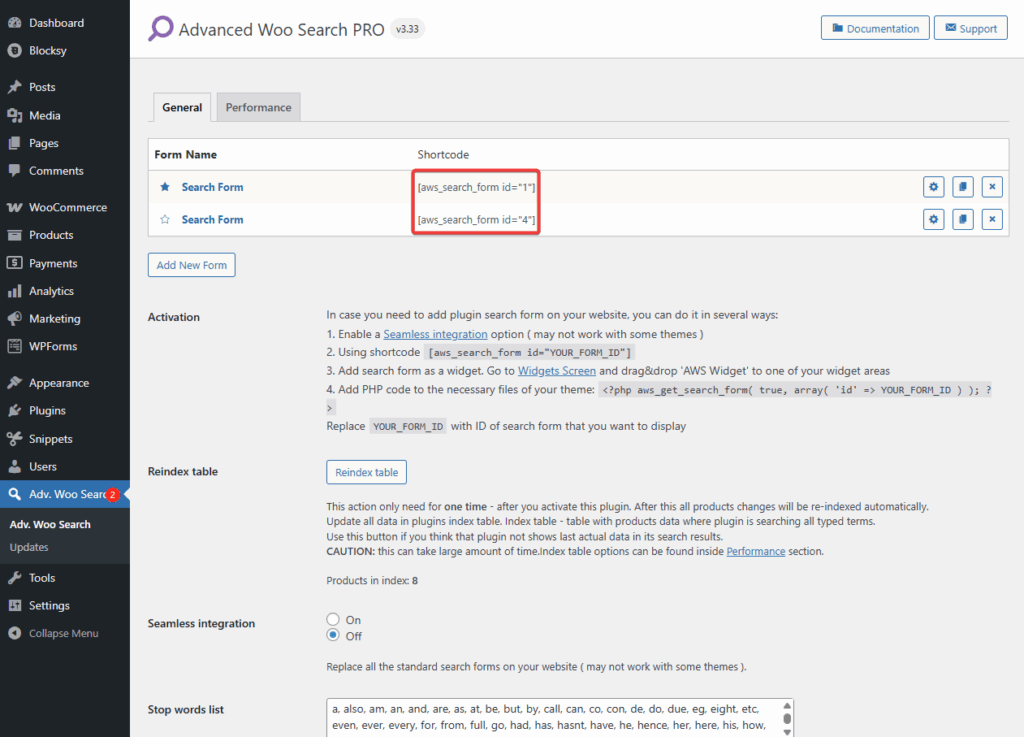 form shortcodes in advanced woo search pro