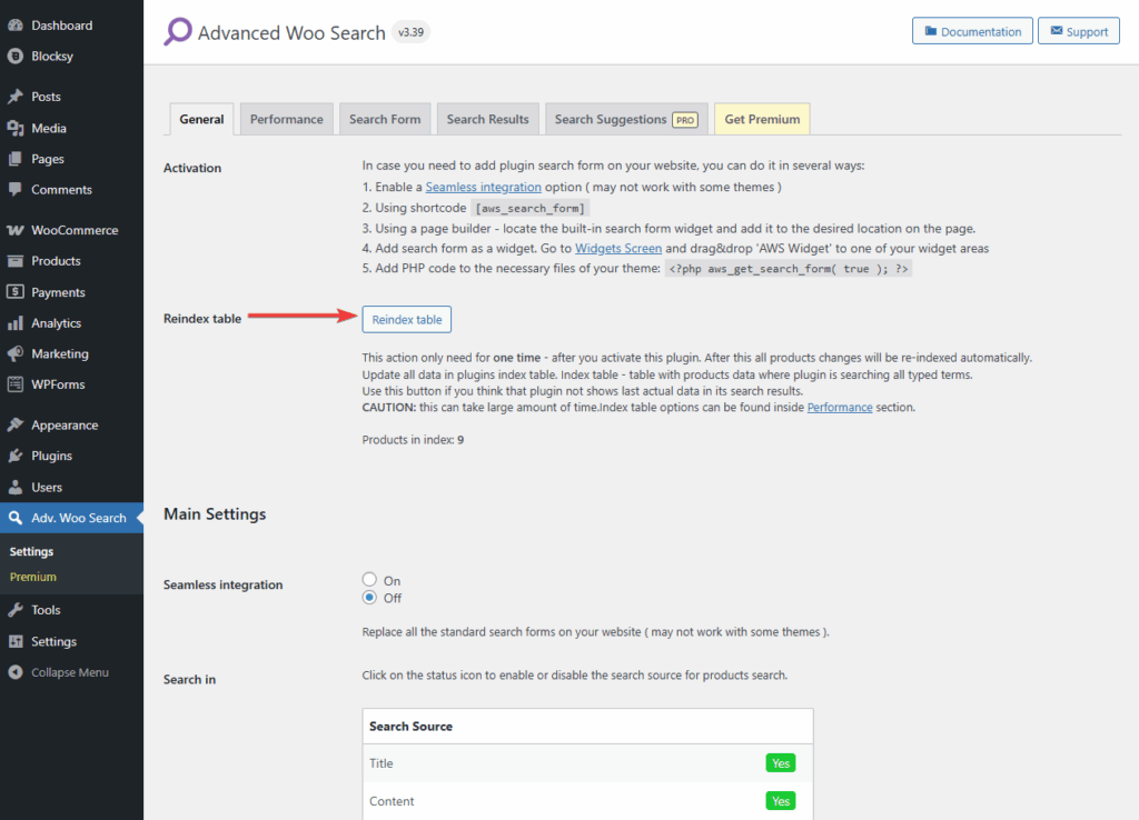 reindex table button in free advanced woo search