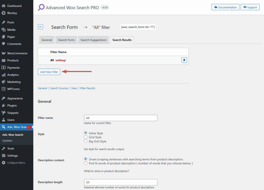 add new filter button in advanced woo search pro