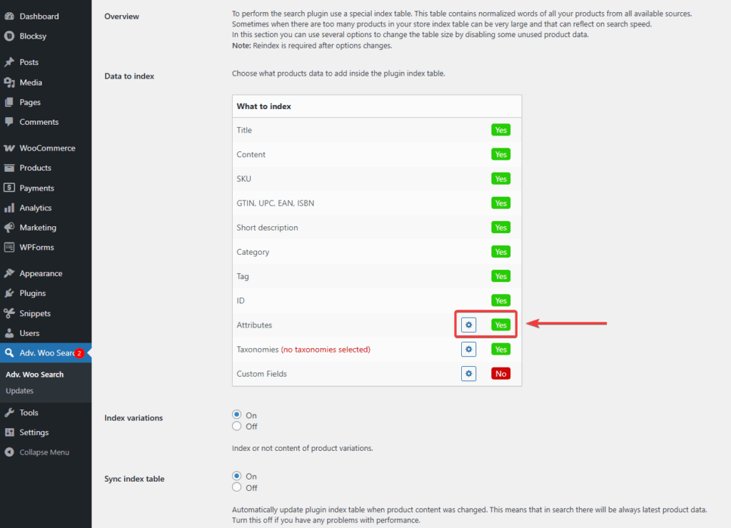 data to index attributes advanced woo search pro