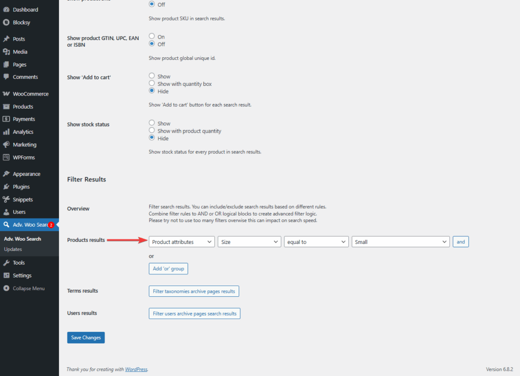 filter product results in advanced woo search pro