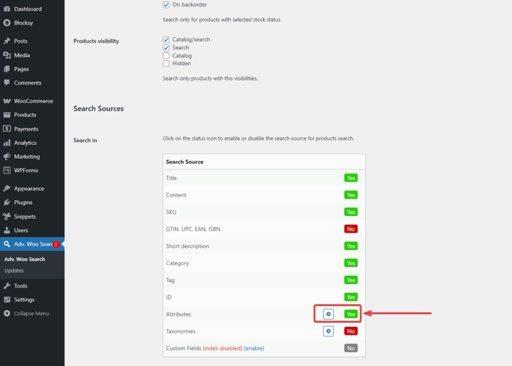 filter result search source attributes in advanced woo search pro