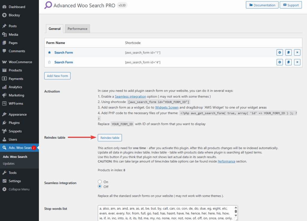 reindex table button in advanced woo search pro