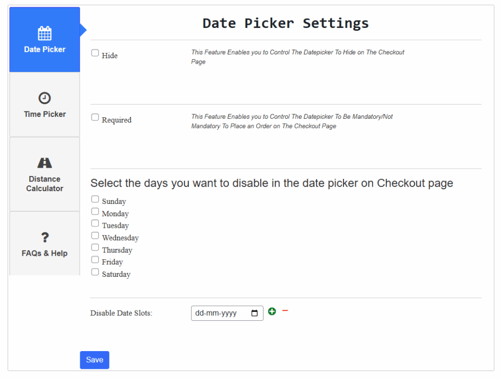 calculate price based on distance for woocommerce plugin - date picker settings