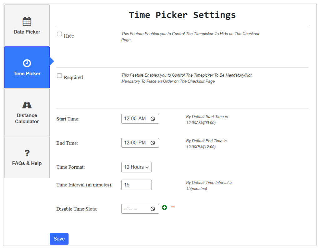 calculate price based on distance for woocommerce plugin - time picker settings
