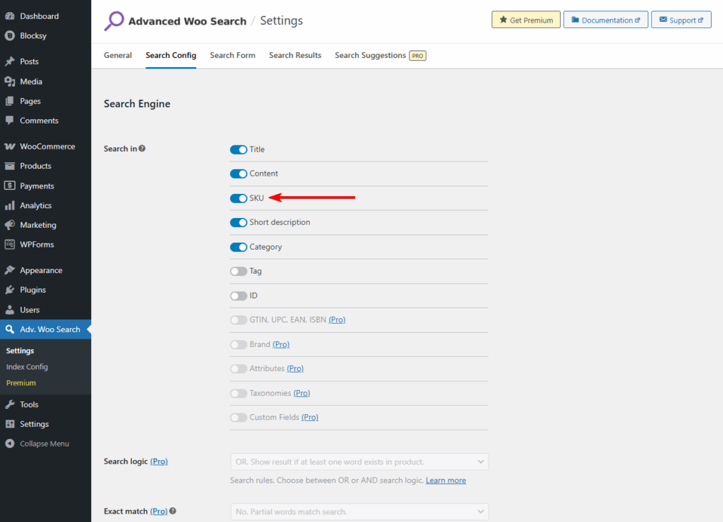 enable sku in free advanced woo search