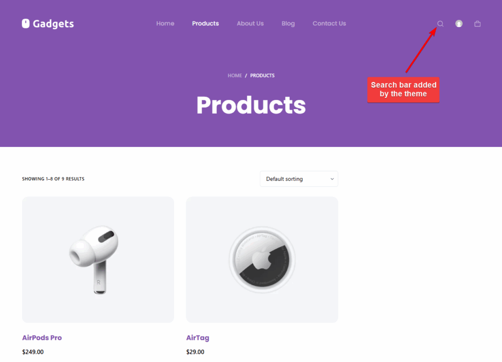 Search bar added by the woocommerce theme