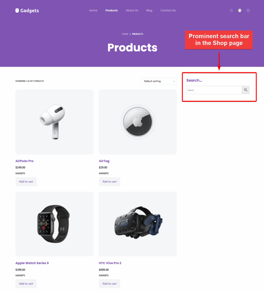 search bar in the shop page