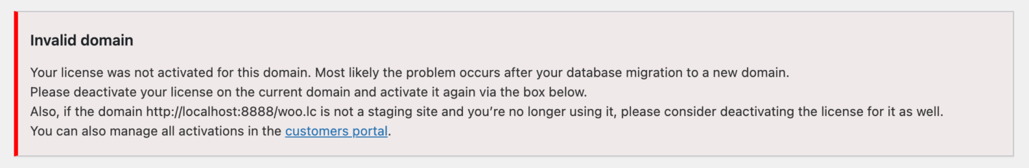 Notice about wrong domain name for current license key