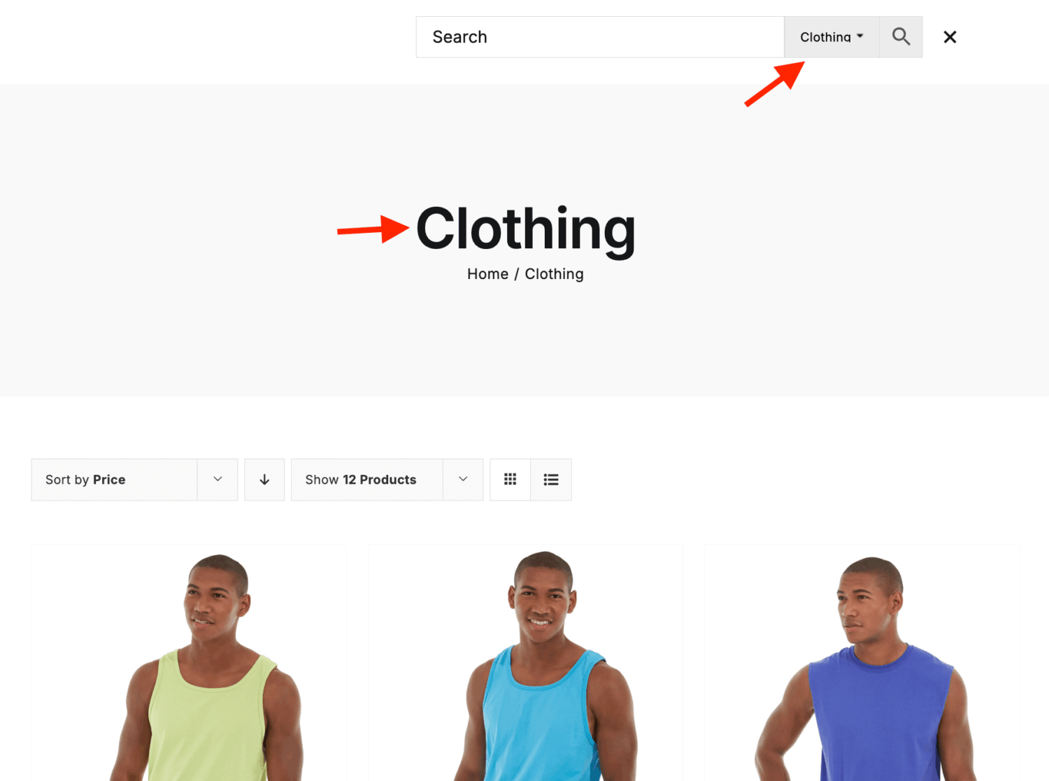 Example of preselected search filter inside product category page
